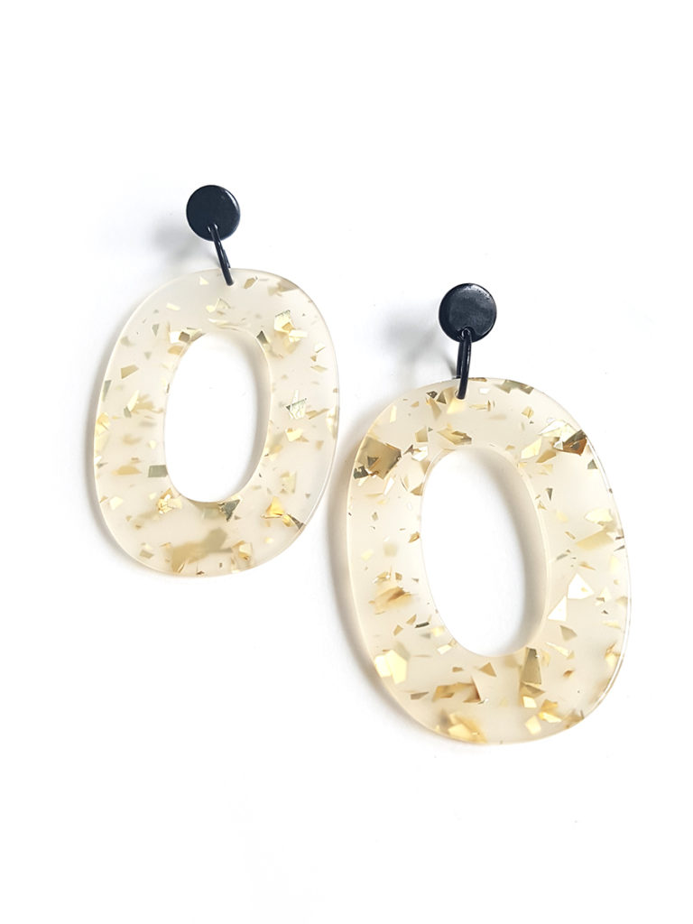 white and golden glitter oval resin pendant earrings by Pop-a-porter