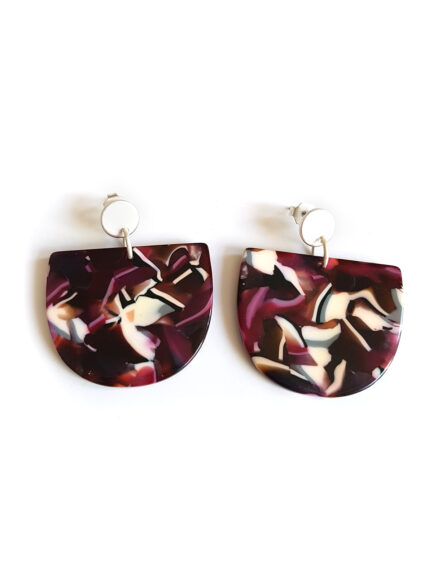 half moon acetate earrings tortoise plum with matt-silver ear studs by pop-a-porter