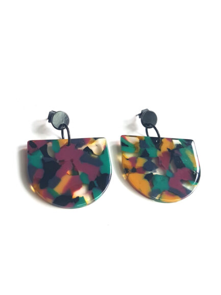 half moon acetate earrings fuchsia pattern with black ear studs by pop-a-porter