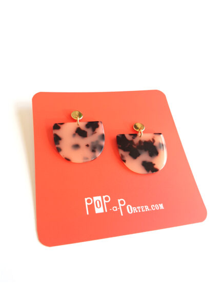 half moon acetate earrings with a tortoise beige pattern set on golden ear studs by pop-a-porter.