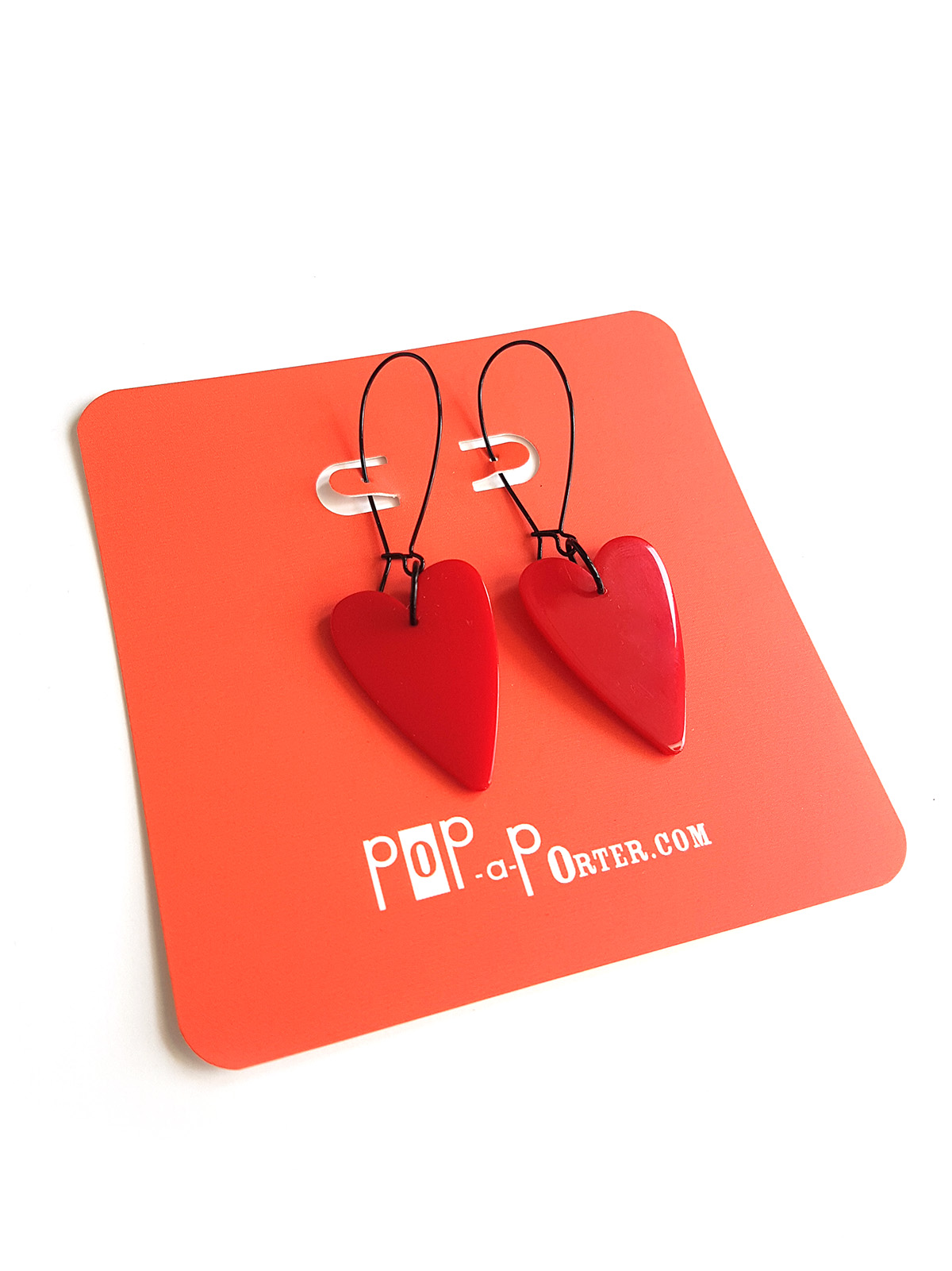 acetate_pendants_earrings_heart__on_card_pin red heart acetate pendant earrings by pop-a-porter