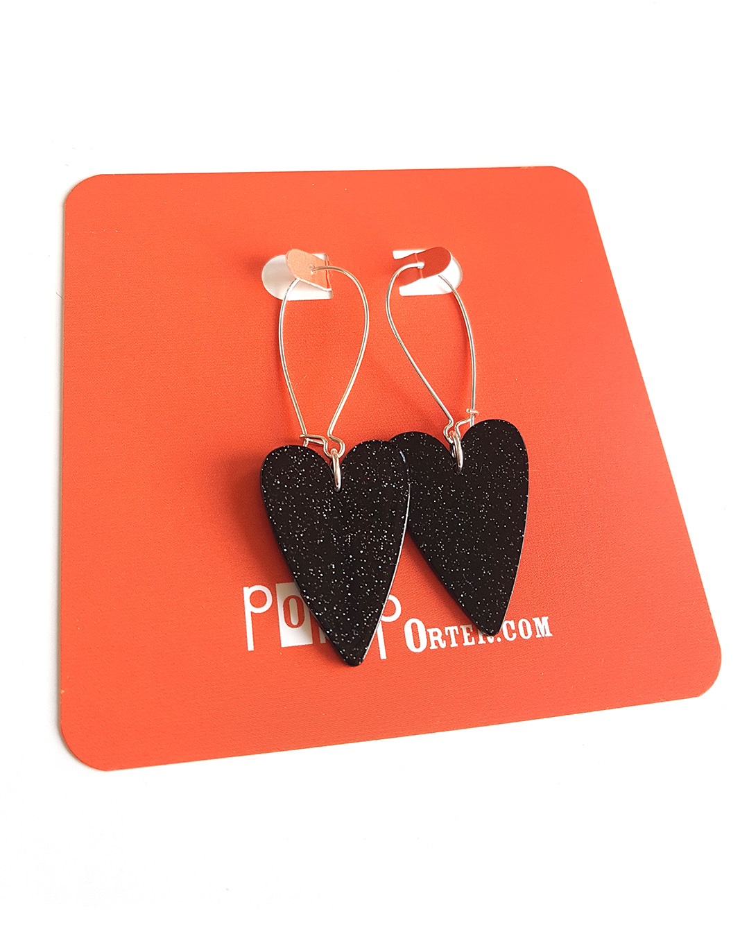 acetate_pendants_earrings_heart_black_glitter_on_card_pin black glitter heart acetate pendant earrings by pop-a-porter