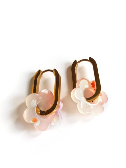 spotted pink & white rectangular golden creoles flower by Pop-a-porter